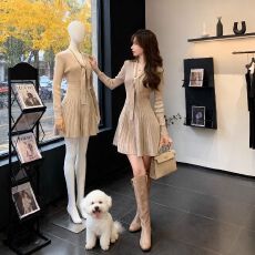 批发小香风超好看少女感V领系带针织连衣裙秋<b class='q'>冬</b>修身收腰气质毛衣裙子