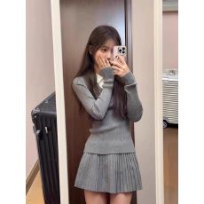 批发韩系学院风拼接假两件针织衫女秋冬修身显瘦内搭毛衣气质长袖上衣