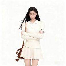 批发白色假两件正肩polo领针织衫女秋冬修身内搭打底v领毛衣短款上衣