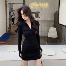 批发秋<b class='q'>冬</b>季黑色针织连衣裙女2026新款长袖加绒内搭包臀裙子修身小黑裙