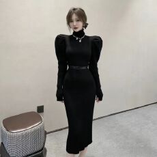 批发针织打底连衣裙女内搭秋<b class='q'>冬</b>季新款高领开叉中长款气质毛衣长裙过膝