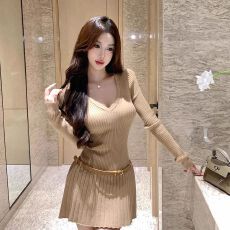 批发【加腰带】韩系喇叭袖针织连衣裙秋季穿搭辣妹气质百褶短裙<b class='q'>打底裙</b>