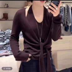 批发<b class='q'>大码</b>复古咖色系腰挂脖假两件针织上衣早秋胖mm显瘦韩系内搭<b class='q'>打底衫</b>