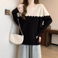 批发<b class='q'>大码</b>微胖洋气复古荷叶边拼接打底针织衫女胖mm遮肉长袖气质毛衣