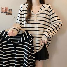 批发2026秋季海军领条纹长袖针织衫<b class='q'>大码</b><b class='q'>女装</b>胖mm宽松遮肚中长款上衣潮