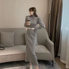 批发法式复古高领中长款针织打底连衣裙女秋<b class='q'>冬</b>性感名媛气质开衩包臀裙