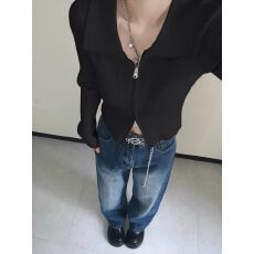 批发双拉链polo领毛衣<b class='q'>针织</b>衫女秋冬2023新款长袖上衣修身<b class='q'>短款</b><b class='q'>开衫</b>外套