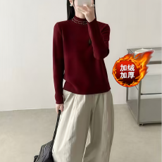 批发加绒一体绒<b class='q'>冬</b>季纯色半高领内搭修身花边拼接长袖上衣花边针织衫