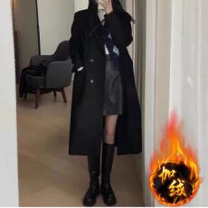 批发【加绒加厚】<b class='q'>中长款</b>呢子大衣女秋冬新款韩系小个子赫本风毛呢外套