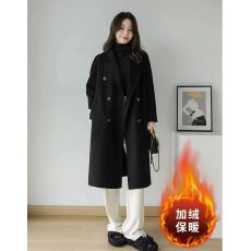 批发【加绒加厚】黑色西装毛呢外套秋冬季夹棉小个子高级感<b class='q'>中长款</b>大衣