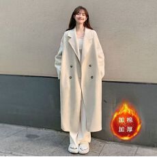 批发加棉加厚 中长款毛呢外套女秋冬直筒宽松过膝大衣<b class='q'>双排扣</b>慵懒<b class='q'>风衣</b>
