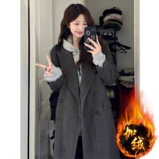 批发【加绒加厚】灰色毛呢大衣2026年秋冬季新款正肩加厚西装呢子外套