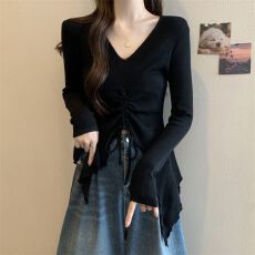 批发不规则抽绳黑色针织衫V领长袖女秋季新款<b class='q'>大码</b>胖mm打底衫内搭上衣