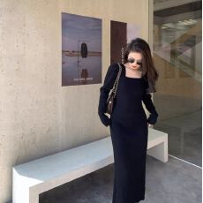 批发针织连衣裙女春秋冬新款条纹V领泡泡袖<b class='q'>修身</b>长款过膝打底毛衣裙子