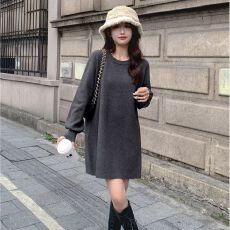 批发纯色中长款套头毛衣女宽松外穿2026秋冬慵懒圆领<b class='q'>开叉</b>针织衫<b class='q'>连衣裙</b>