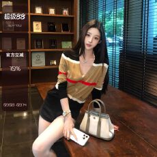 批发针织开衫女韩系早秋款穿搭气质名媛v领条纹上衣收腰显瘦毛衣外套