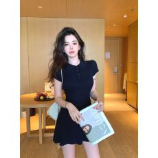 批发2026夏装新款冰丝针织polo领短袖连衣裙女洋气收腰显瘦A字小短裙