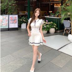批发韩系撞色polo领短袖针织连衣裙女夏季修身收腰裙子学院风a字短裙