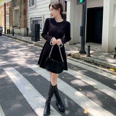 批发秋冬新款内搭针织<b class='q'>连衣裙</b>女小黑裙中长款打底小个子毛衣a字毛衣裙