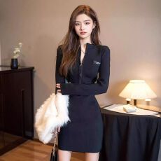 批发秋<b class='q'>冬</b>御姐高级感纯欲风黑色包臀裙子收腰修身内搭针织打底连衣裙女