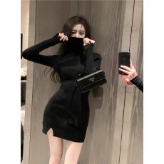 批发性感辣妹纯欲<b class='q'>高领</b>针织连衣裙女设计感开叉紧身包臀内搭打底<b class='q'>毛衣</b>裙