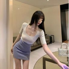 批发LIuu嘻嘻啊法式针织撞色连衣裙女春夏拼接设计收腰弹力短袖包臀裙