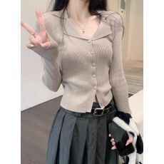 批发美式甜辣polo翻领针织开衫秋<b class='q'>冬</b>季修身V领外搭上衣别致打底毛衣女