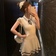 批发学院风初恋清纯奶甜系带Polo领针织连衣裙气质收腰a字小白裙女夏