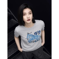 批发2026夏季新款韩版动物印花短袖T恤女灰色套头<b class='q'>上衣</b>时尚时尚潮流衫