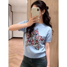 批发韩版休闲五角星<b class='q'>花朵</b>刺绣短袖针织衫女春季圆领高级感百搭显瘦上衣