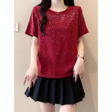 批发高级感<b class='q'>红色</b>烫钻正肩短袖T恤女2026春夏新款小众圆领洋气减龄<b class='q'>上衣</b>