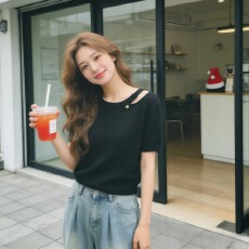 批发韩系时尚镂空<b class='q'>圆领</b>紫色短袖针织衫女气质显瘦春夏新款松弛感薄上衣