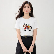 批发仿刺绣印花小马针织2026新款短袖t恤女士夏季短袖体恤<b class='q'>打底衫</b>上衣