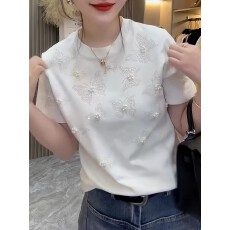 批发设计感别致重工烫钻珍珠蝴蝶短袖T恤女白色圆领<b class='q'>修身</b>显瘦打底上衣