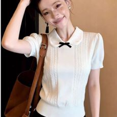 批发夏季新款韩系娃娃领蝴蝶结短袖针织衫女修身短款显瘦高级感上衣女