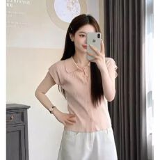 批发粉色polo领针织短袖t恤女夏季小个子正肩短款多巴胺减龄短款上衣