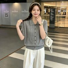 批发韩系撞色条纹薄款短袖针织<b class='q'>开衫</b>夏季休闲宽松减龄波浪边翻领上衣女