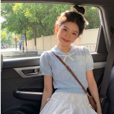 批发时尚蓝色polo衫针织短袖t恤女夏季通勤<b class='q'>韩版</b>撞色翻显瘦娃娃领上衣