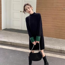 批发半高领针织连衣裙女宽松显瘦秋冬季打底<b class='q'>裙子</b>中长款袖口拼色毛衣裙