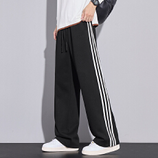 批发黑色三条杠裤子男款复古休闲直筒裤