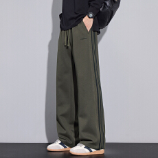 批发灰绿色三条杠裤子男款复古休闲直筒裤