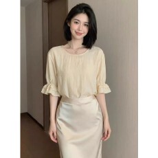 批发精致杏色泡泡袖<b class='q'>雪纺</b><b class='q'>衬衫</b>女2026春夏新款高级感洋气宽松五分袖上衣