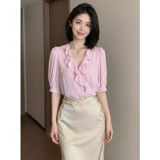 批发绝美荷叶边V领<b class='q'>雪纺</b><b class='q'>衬衫</b>女2026初夏新款通勤风短袖宽松高级感上衣