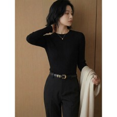 批发韩版慵懒风黑色圆领T恤女春夏新款高级感极简风外穿内搭长袖上衣