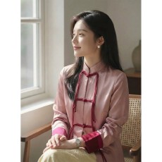 批发独特漂亮粉色立领外套女2026春夏季新款盘扣流苏国风减龄百搭上衣