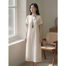 批发新中式立领改良<b class='q'>旗袍</b>连衣裙女夏季<b class='q'>新款</b>国风斜襟盘扣宽松显瘦中长裙