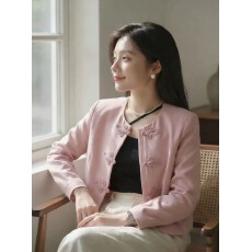 批发新中式粉色盘扣短外套女春夏季新款高级感小个子轻奢国风长袖上衣