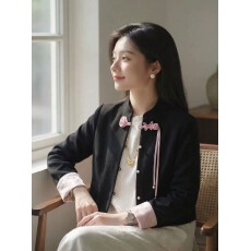 批发新中式立领黑色短外套女2026春季新款国风盘扣高级感气质长袖上衣