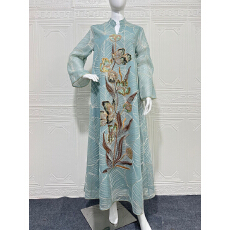 批发外贸新款网纱刺绣连衣裙穆斯林长袍中东迪拜Abaya阿拉伯长袍