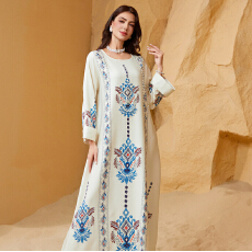 批发外贸中东跨境外贸穆斯林女士印花长袍迪拜连衣裙Abaya亚马逊